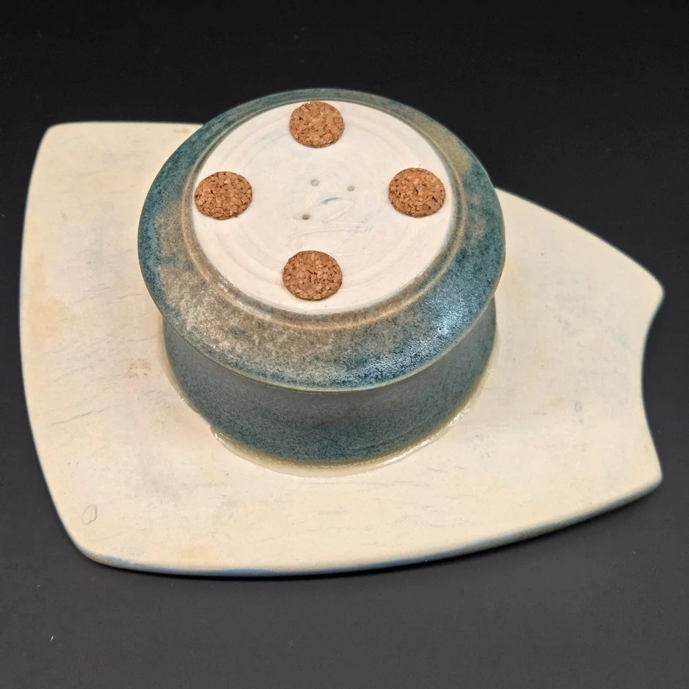 Studio Pottery Ikebana Vase Blue Green Speckled Glaze with‎ Flower Frog Kenzan